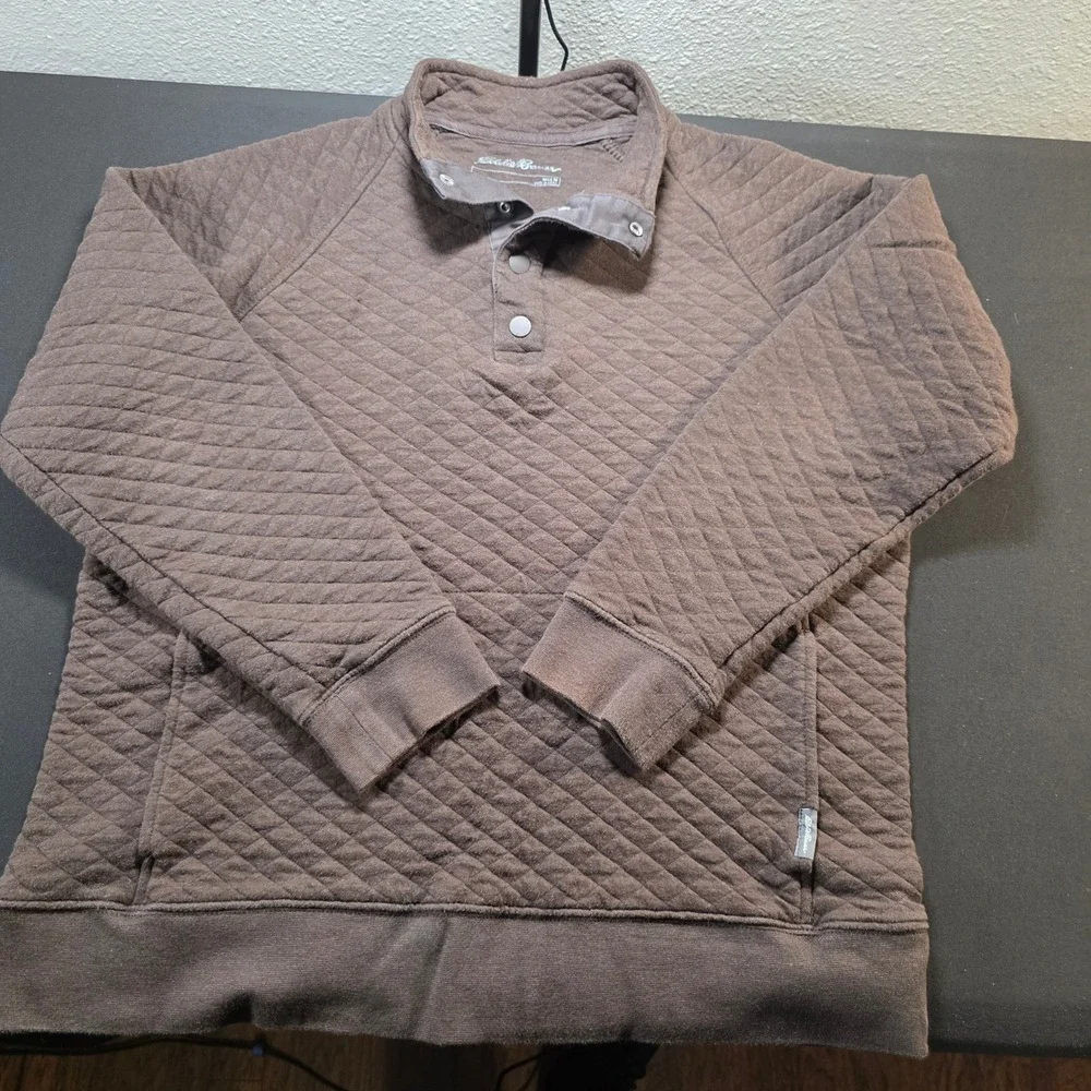Eddie Bauer Men SZ M Brown Quilted Snap Neck Pullover Sweatshirt Kangaroo Pocket
